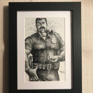 DaDe Ursus Matted & Framed Card Art Hairy Bear Police Pipe Smoker